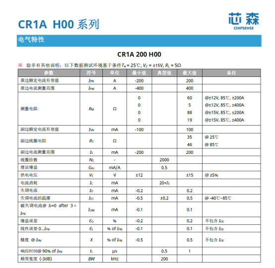 芯森电子CR1A电流传感器参数 芯森电子CR1A电流传感器参数